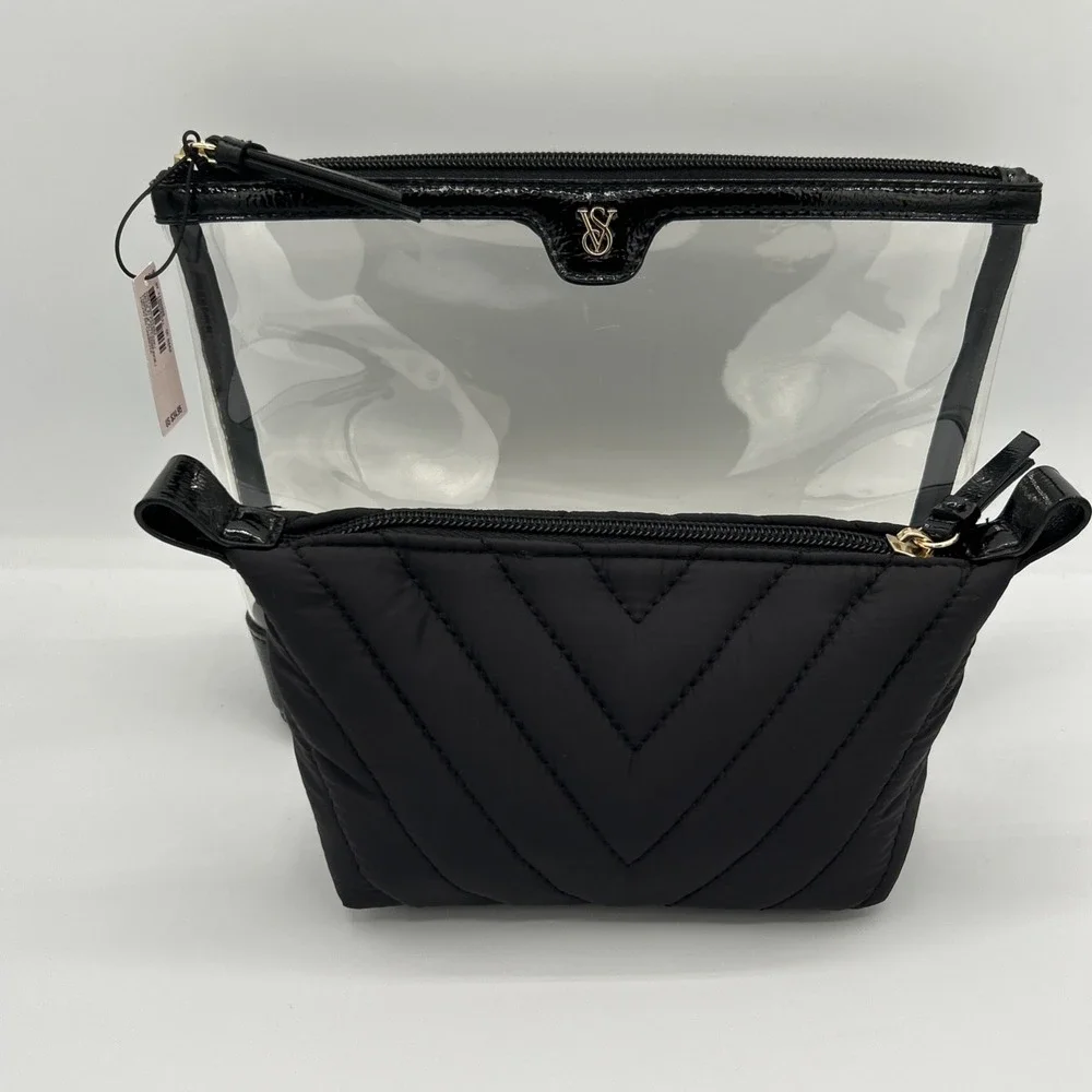Victoria's Secret Black Clear 2-in-1 Makeup Bag Set Quilted Pouch Gold Logo NWT